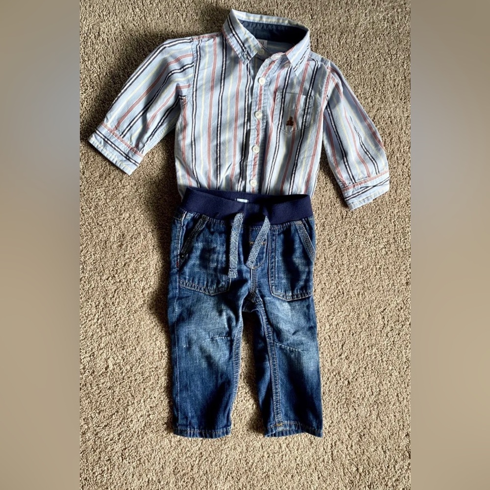 Baby Gap Boys Outfit Button Up Stripe Long Sleeve Denim Jeans Size 6-12 Months